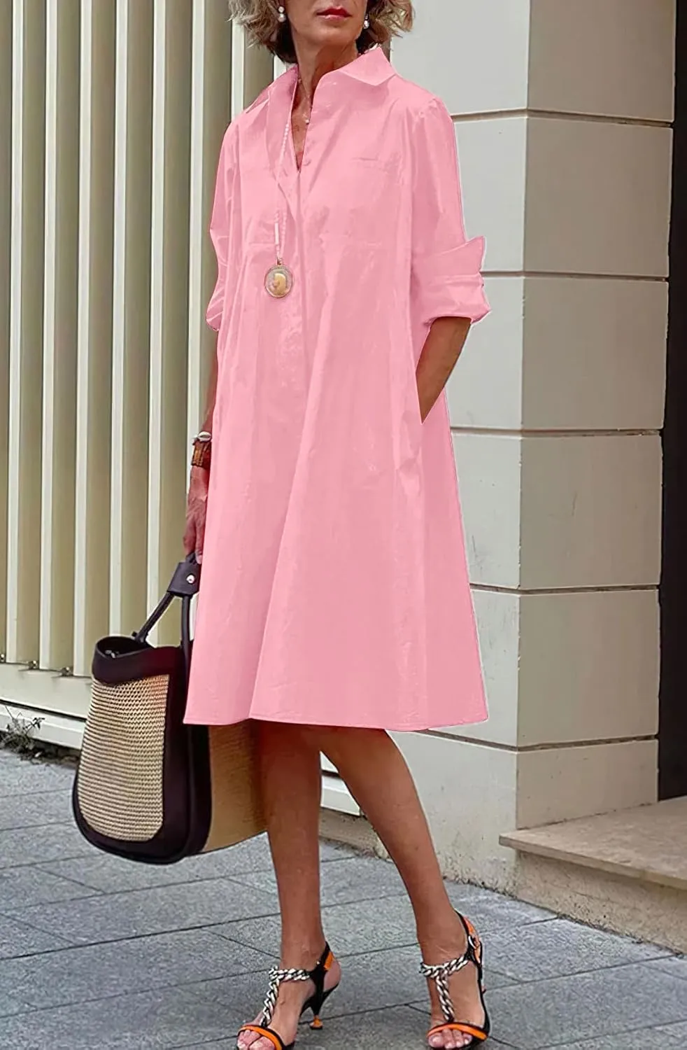chouyatou Women's Spring Summer Button-Down Shirt Dress Loose A-Line Midi Shift Tunic Dress