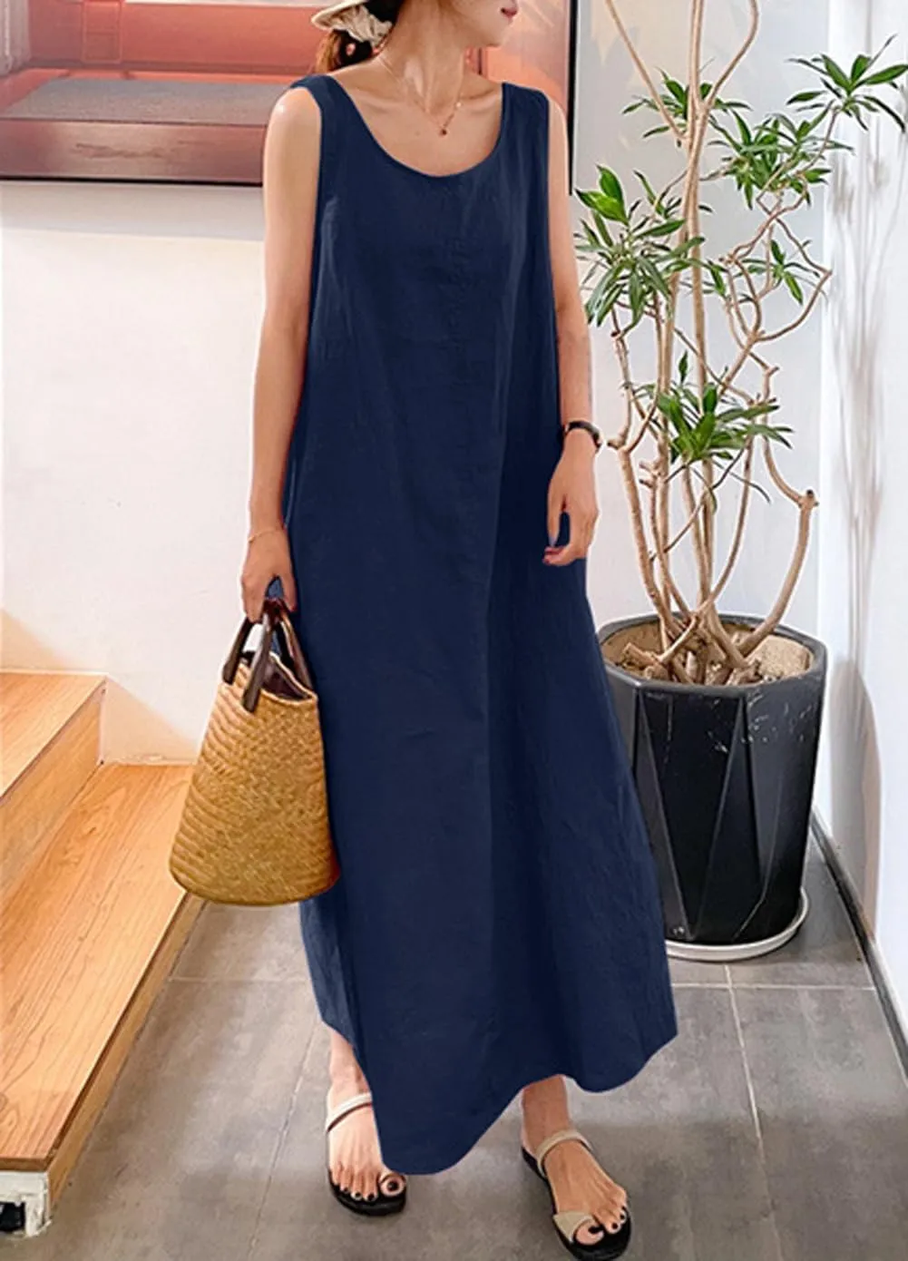chouyatou Women's Summer Casual Sleeveless Cotton Sun Dress Maxi Tunic Tank Beach Dress with Pocket