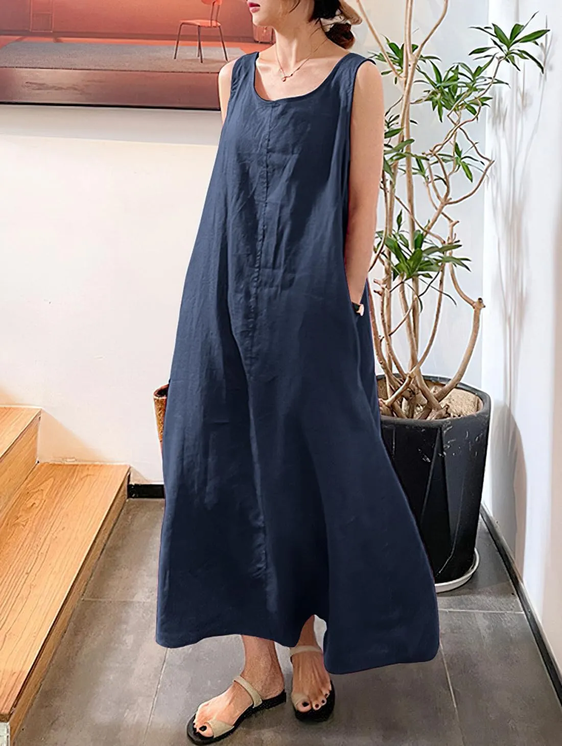 chouyatou Women's Summer Casual Sleeveless Cotton Sun Dress Maxi Tunic Tank Beach Dress with Pocket