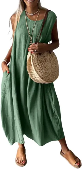 chouyatou Women's Summer Sleeveless Linen Tank Dress Casual Loose A-Line Midi Long Beach Dress