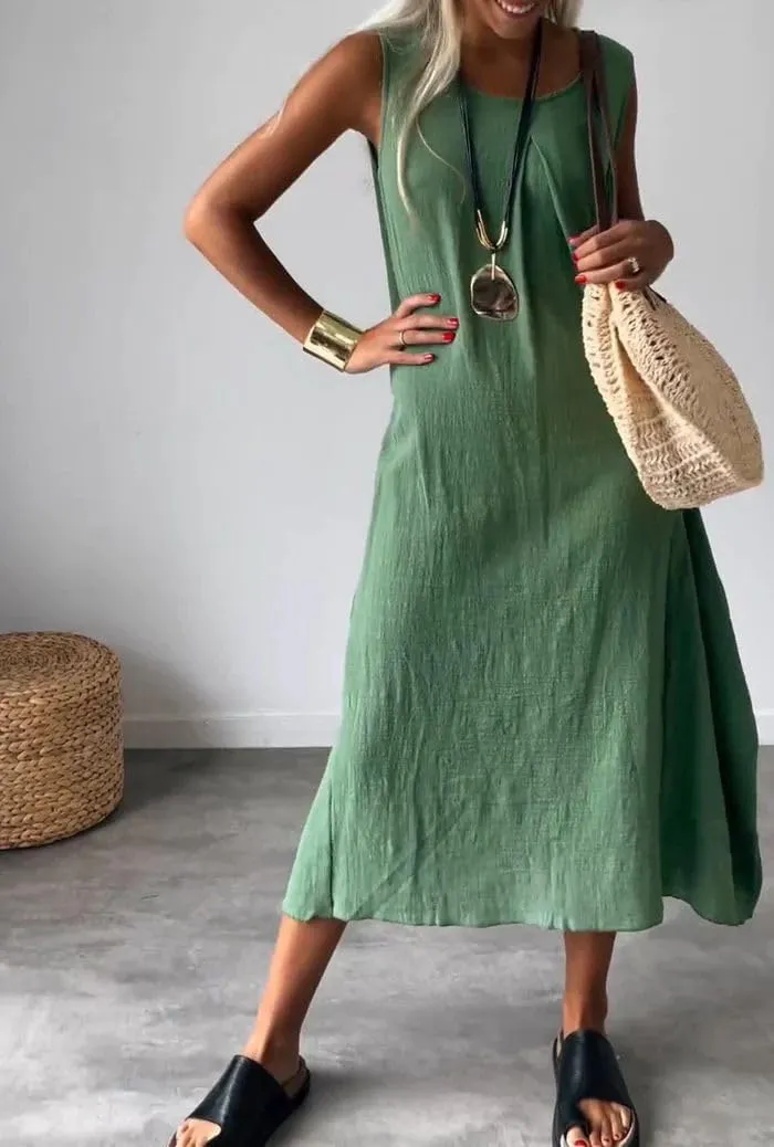 chouyatou Women's Summer Sleeveless Linen Tank Dress Casual Loose A-Line Midi Long Beach Dress
