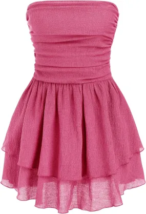 CIDER Women's Summer Cocktail Dress - Tube Ruched Ruffle Mini Dress