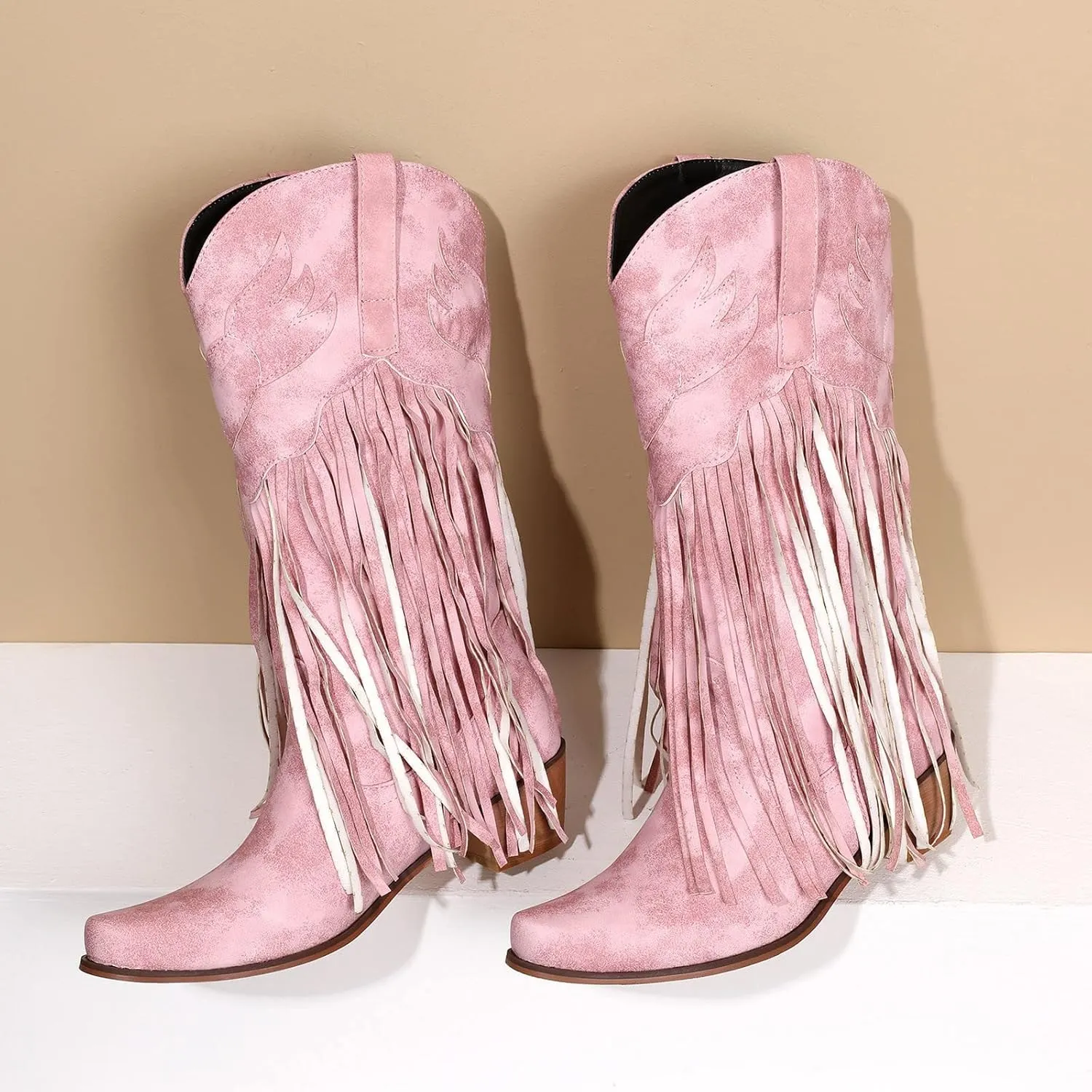 Combat Boots Womens Comfortable Pull On Cowboy Boots Tassel Chunky Heel Pointed Toe Western Mid Calf Boots