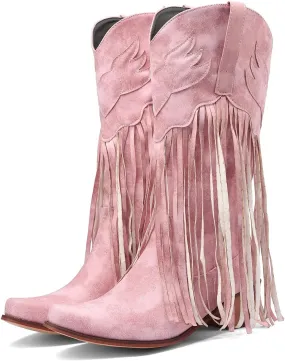Combat Boots Womens Comfortable Pull On Cowboy Boots Tassel Chunky Heel Pointed Toe Western Mid Calf Boots