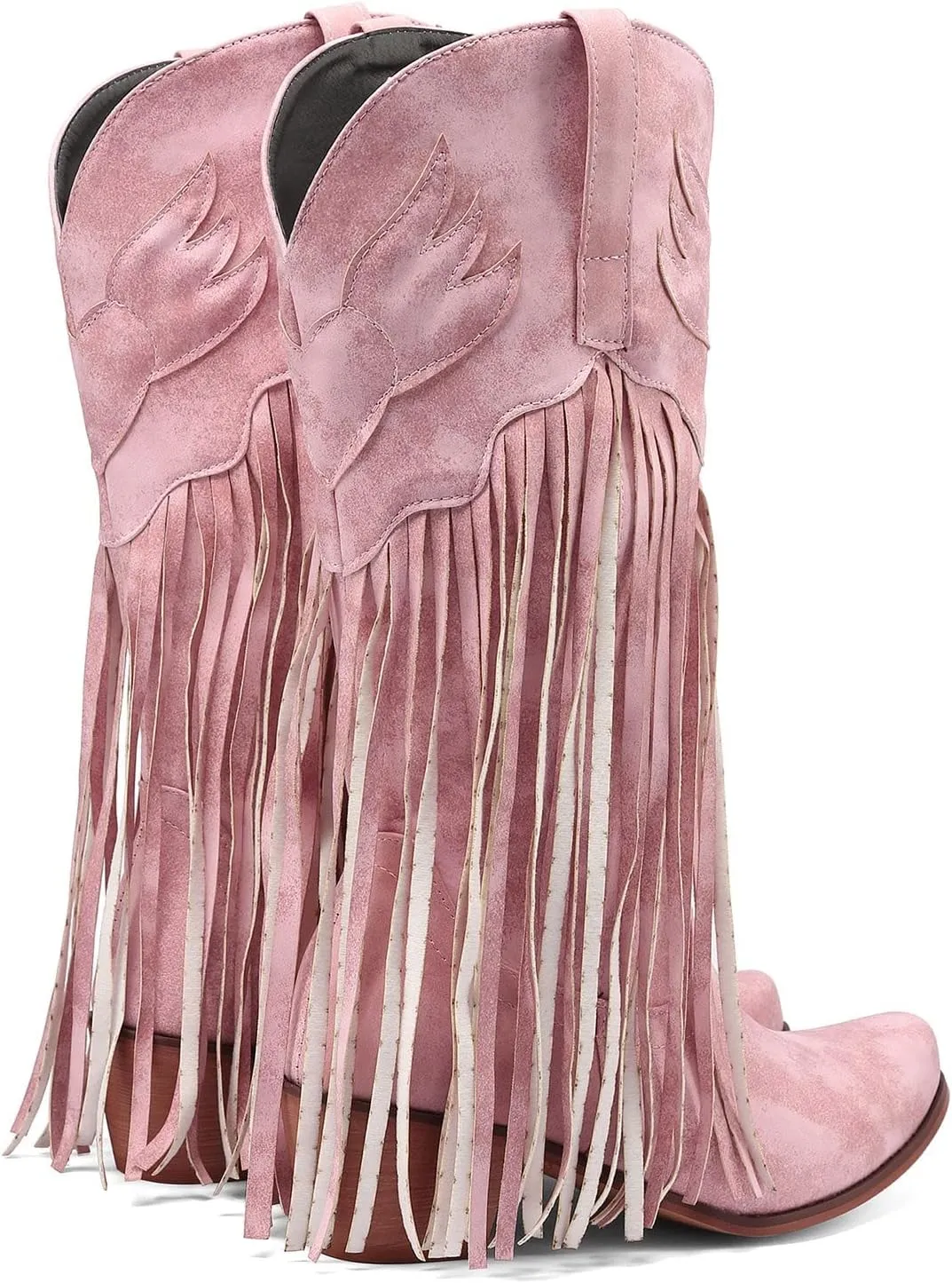 Combat Boots Womens Comfortable Pull On Cowboy Boots Tassel Chunky Heel Pointed Toe Western Mid Calf Boots
