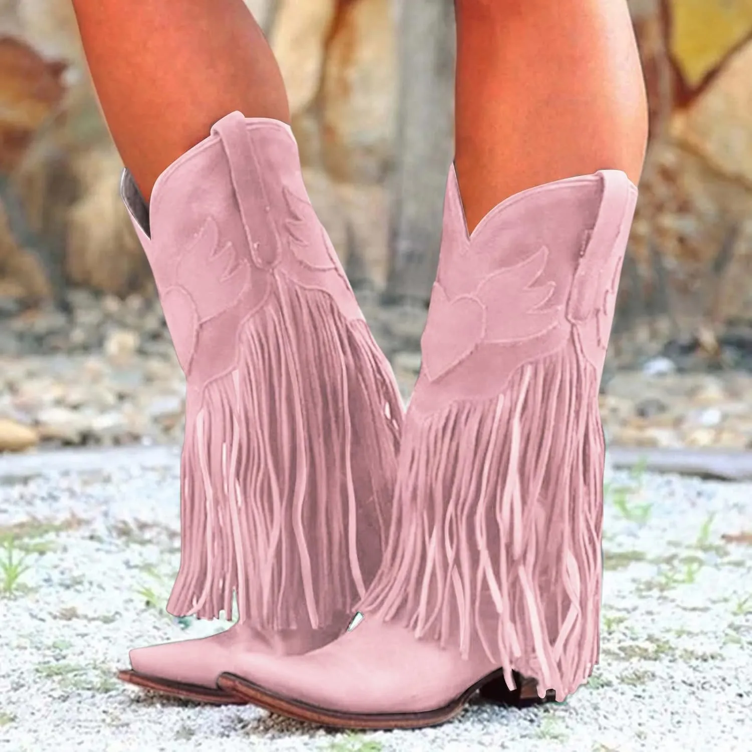 Combat Boots Womens Comfortable Pull On Cowboy Boots Tassel Chunky Heel Pointed Toe Western Mid Calf Boots