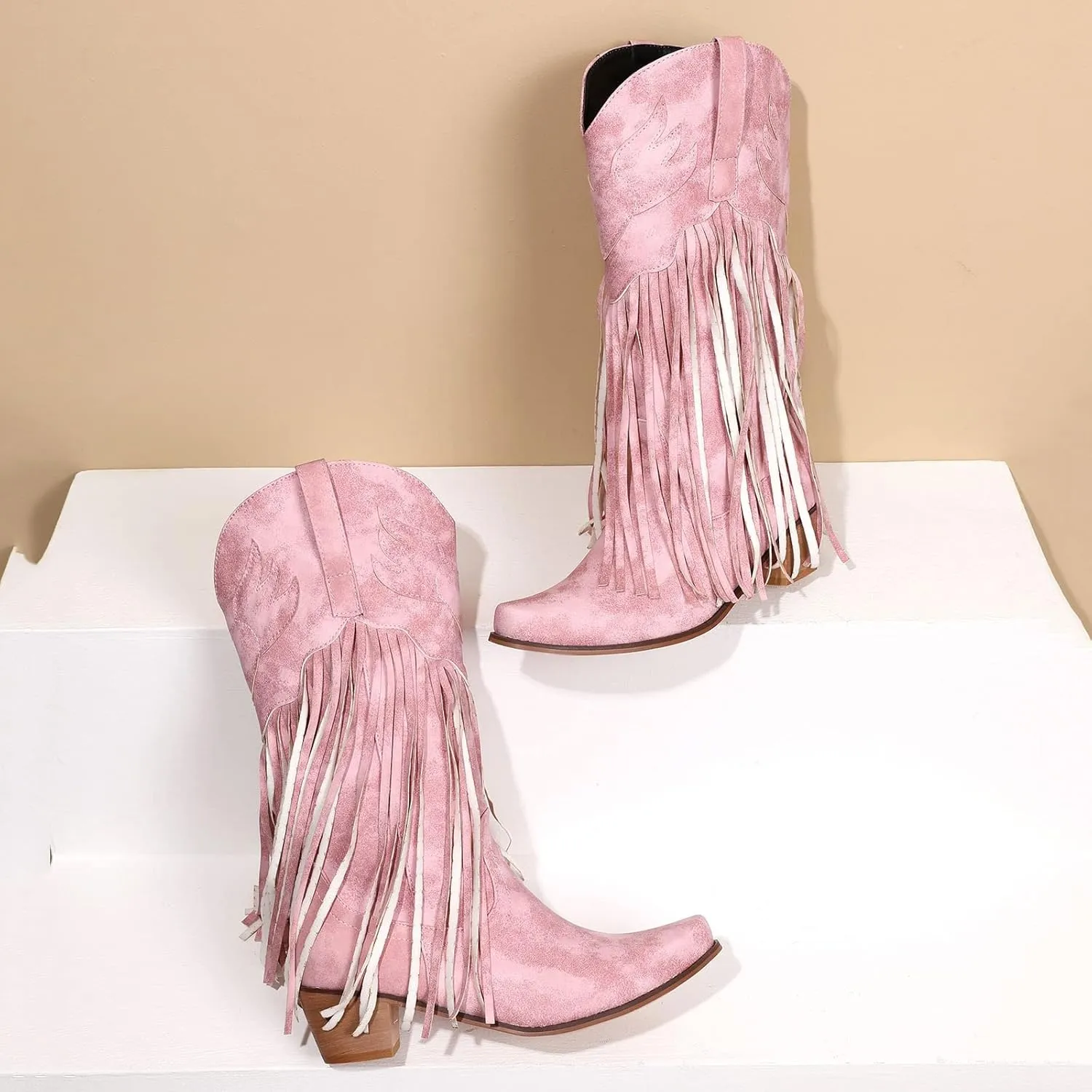 Combat Boots Womens Comfortable Pull On Cowboy Boots Tassel Chunky Heel Pointed Toe Western Mid Calf Boots