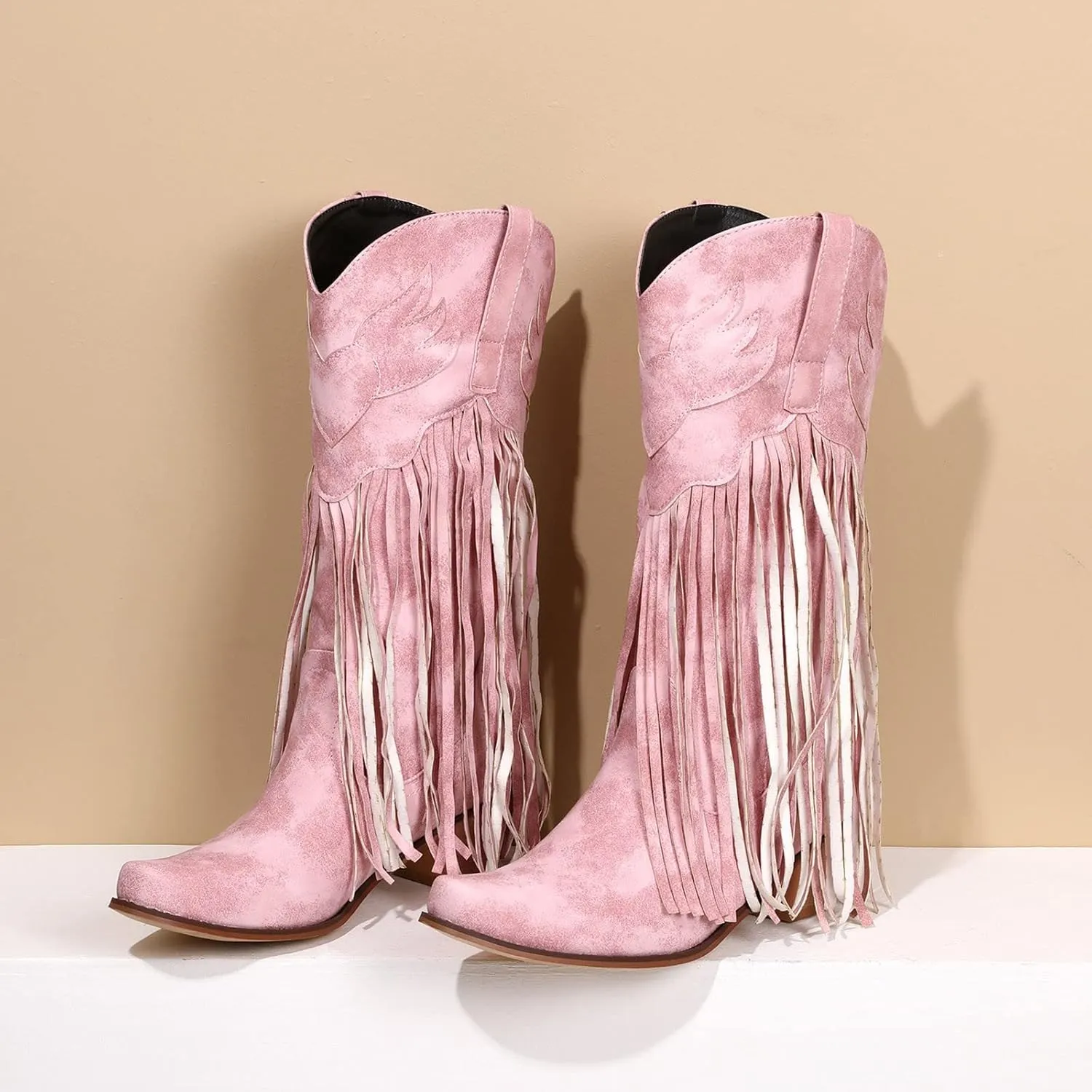 Combat Boots Womens Comfortable Pull On Cowboy Boots Tassel Chunky Heel Pointed Toe Western Mid Calf Boots