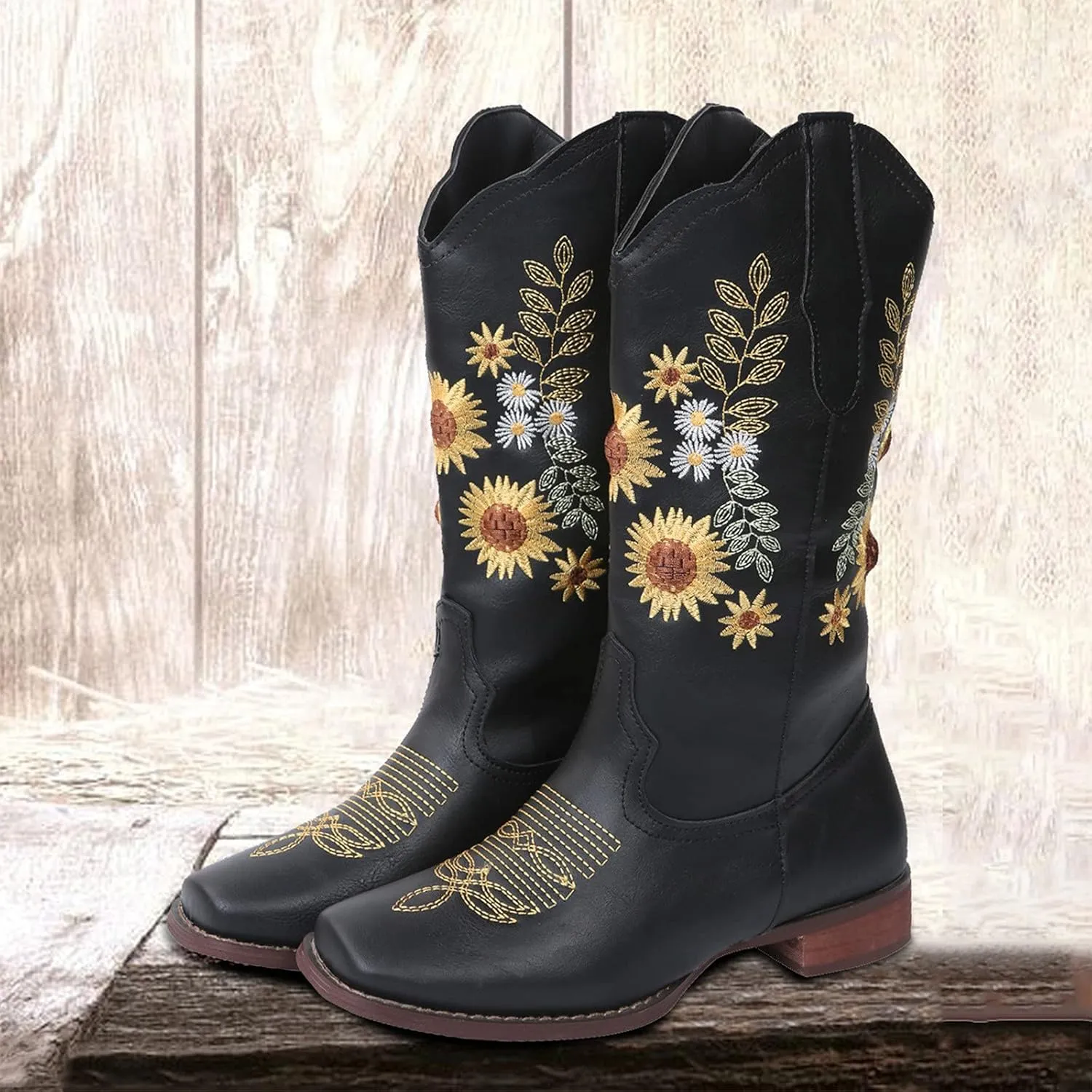 Combat Boots Womens Embroidered Pointed Toe Chunky Heel Mid Calf Boots Shoes Womens Booties and Ankle Boots