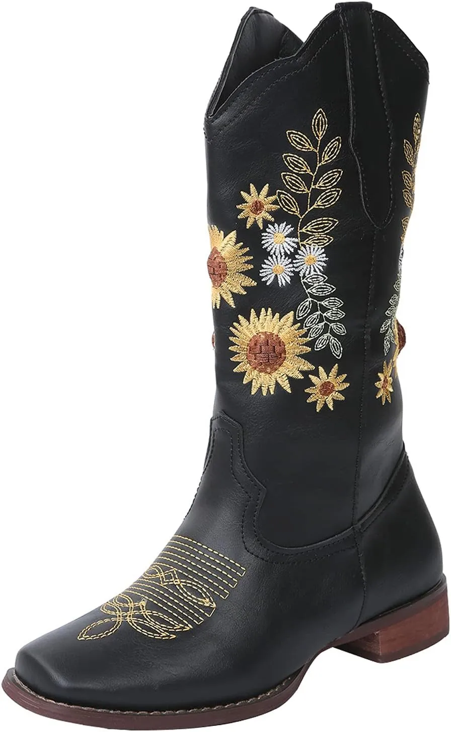 Combat Boots Womens Embroidered Pointed Toe Chunky Heel Mid Calf Boots Shoes Womens Booties and Ankle Boots