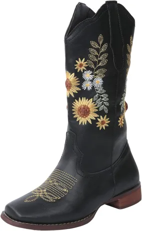 Combat Boots Womens Embroidered Pointed Toe Chunky Heel Mid Calf Boots Shoes Womens Booties and Ankle Boots