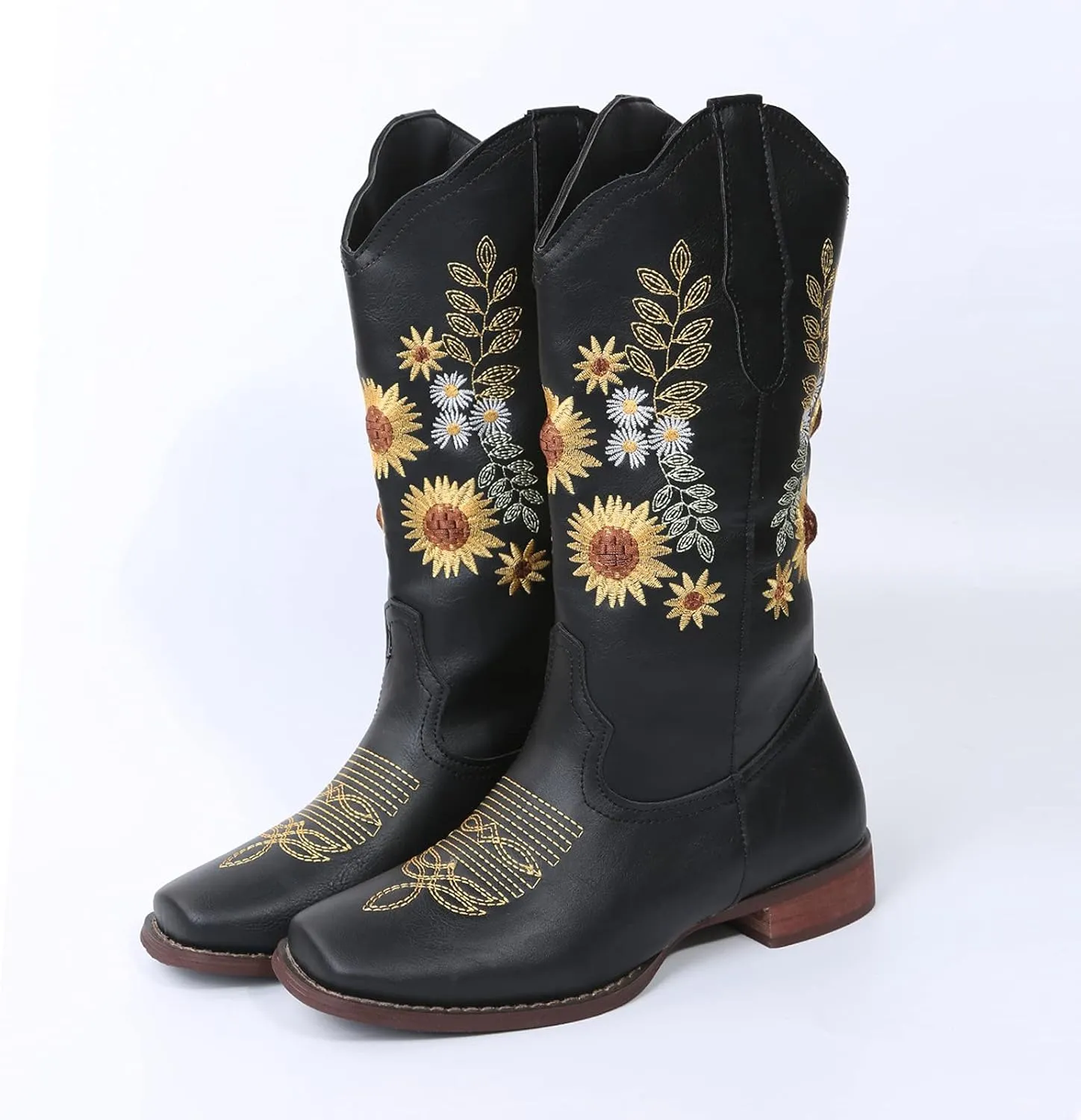 Combat Boots Womens Embroidered Pointed Toe Chunky Heel Mid Calf Boots Shoes Womens Booties and Ankle Boots