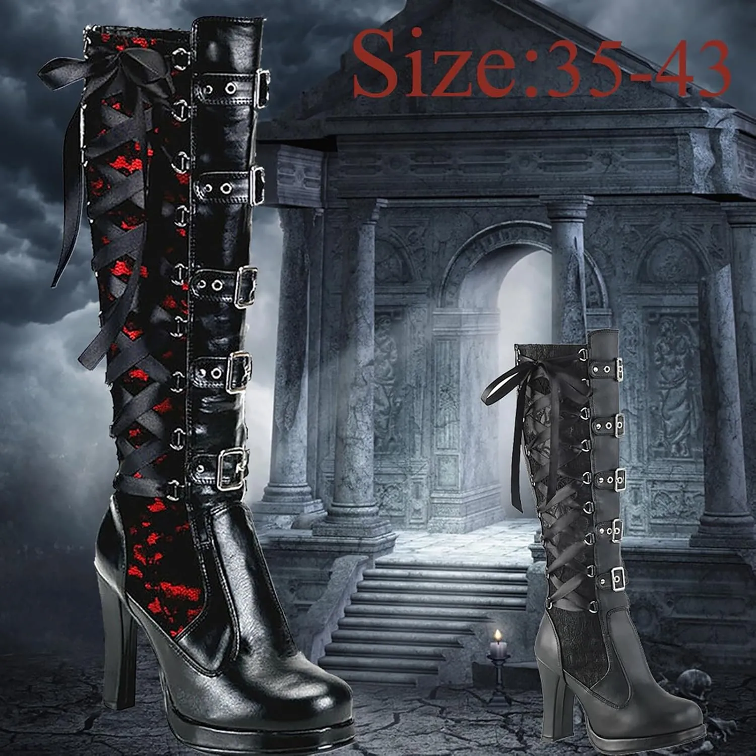 Combat Boots Womens Gothic Halloween Thigh High Boots Tie High Chunky Heels Long Buckle Knee High Boots