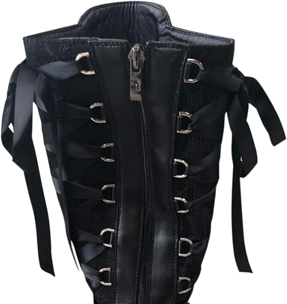 Combat Boots Womens Gothic Halloween Thigh High Boots Tie High Chunky Heels Long Buckle Knee High Boots