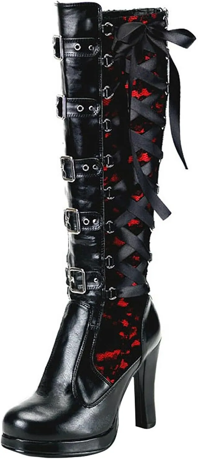 Combat Boots Womens Gothic Halloween Thigh High Boots Tie High Chunky Heels Long Buckle Knee High Boots