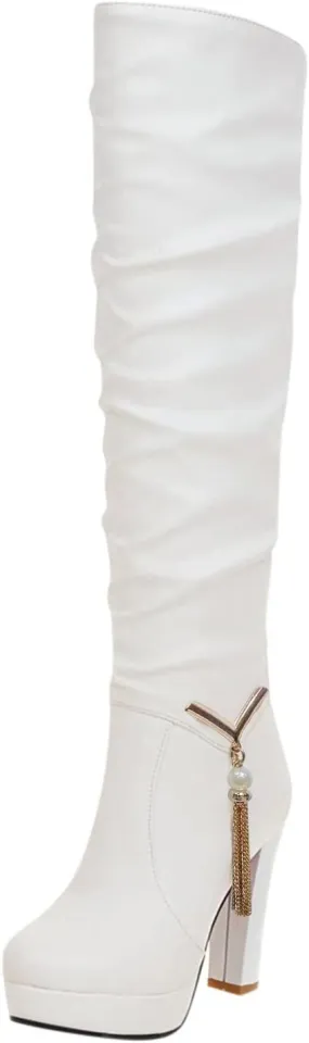 Combat Boots Womens High Chunky Heels Thigh High Boots Pointed Platform Knee High Boots Tall Long Bootie