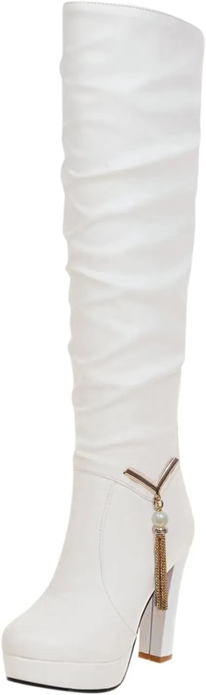 Combat Boots Womens High Chunky Heels Thigh High Boots Pointed Platform Knee High Boots Tall Long Bootie