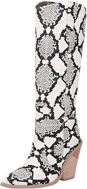 Combat Boots Womens Python Pattern Thigh High Boots Pointed Chunky Heels Knee High Boots Tall Long Bootie