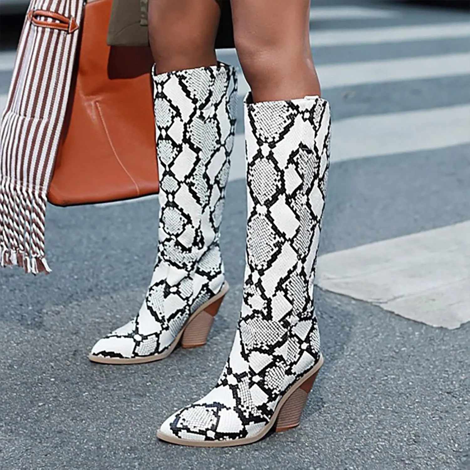 Combat Boots Womens Python Pattern Thigh High Boots Pointed Chunky Heels Knee High Boots Tall Long Bootie