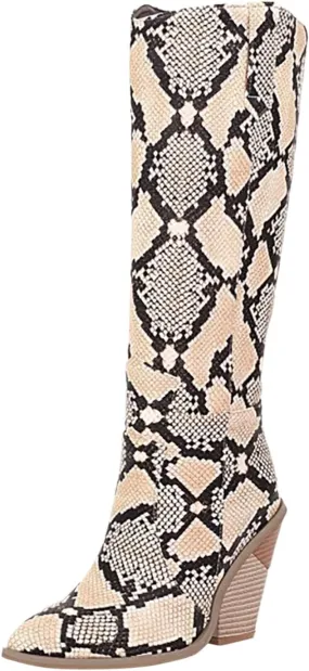 Combat Boots Womens Python Pattern Thigh High Boots Pointed Chunky Heels Knee High Boots Tall Long Bootie