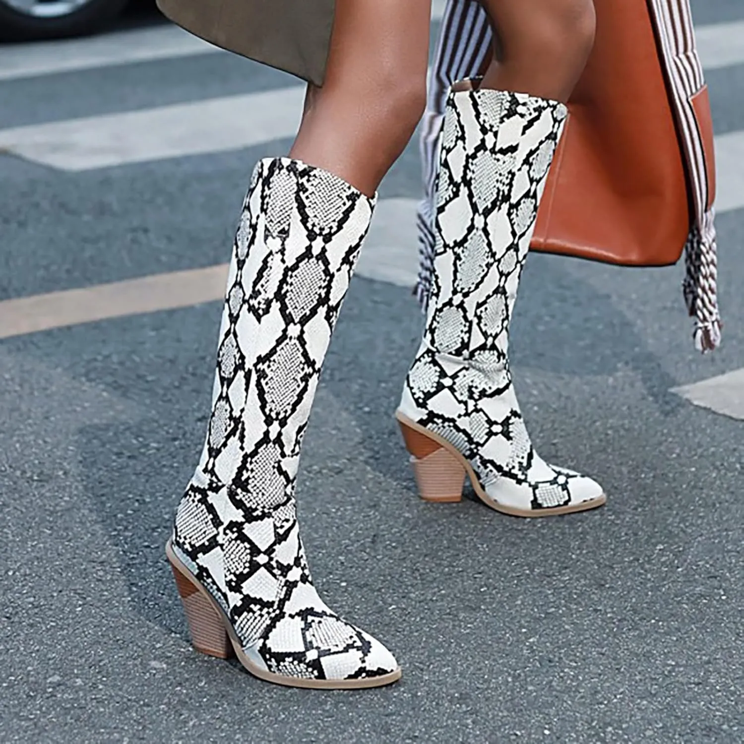 Combat Boots Womens Python Pattern Thigh High Boots Pointed Chunky Heels Knee High Boots Tall Long Bootie
