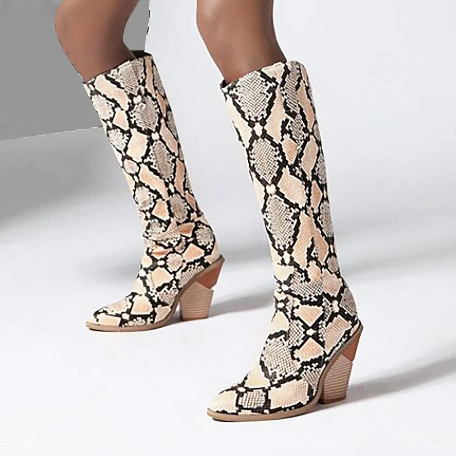 Combat Boots Womens Python Pattern Thigh High Boots Pointed Chunky Heels Knee High Boots Tall Long Bootie