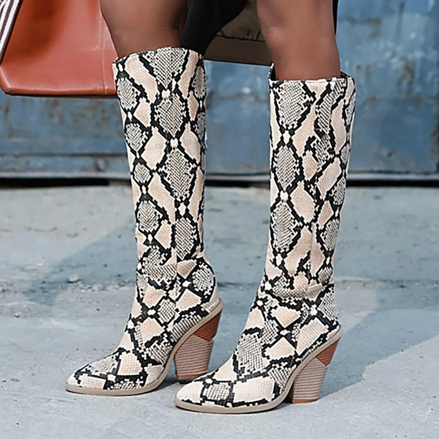 Combat Boots Womens Python Pattern Thigh High Boots Pointed Chunky Heels Knee High Boots Tall Long Bootie