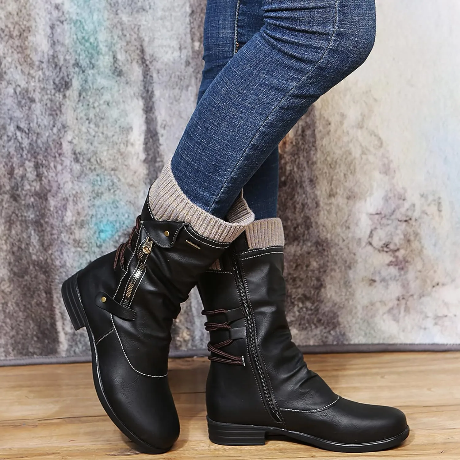 Combat Boots Womens Retro Knit Elastic Ankle Western Cowboy Boots Zipper Chunky Heel Strappy Mid-Calf Boots