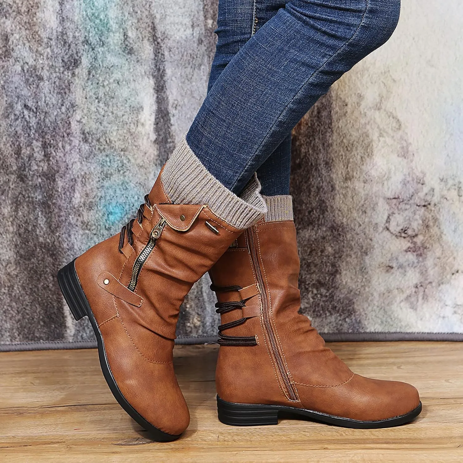 Combat Boots Womens Retro Knit Elastic Ankle Western Cowboy Boots Zipper Chunky Heel Strappy Mid-Calf Boots