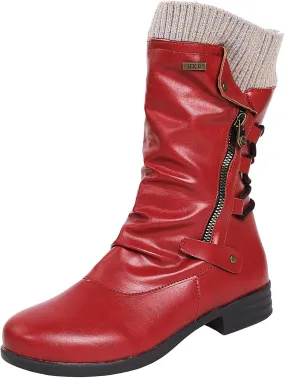 Combat Boots Womens Retro Knit Elastic Ankle Western Cowboy Boots Zipper Chunky Heel Strappy Mid-Calf Boots