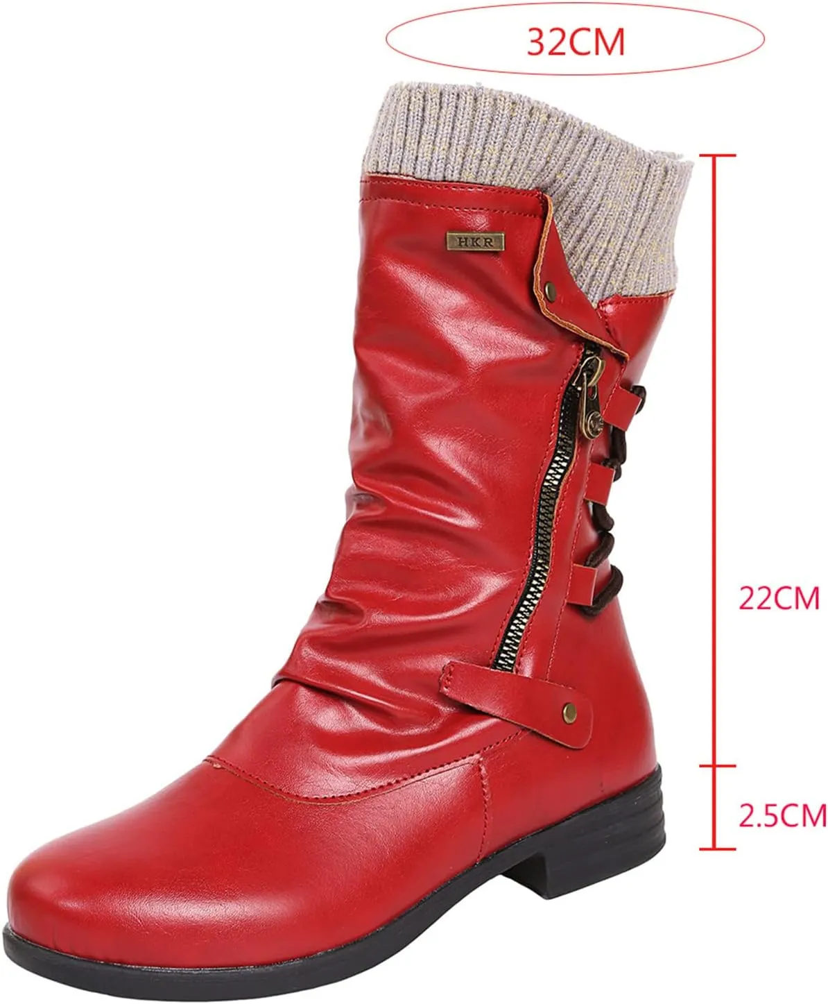 Combat Boots Womens Retro Knit Elastic Ankle Western Cowboy Boots Zipper Chunky Heel Strappy Mid-Calf Boots
