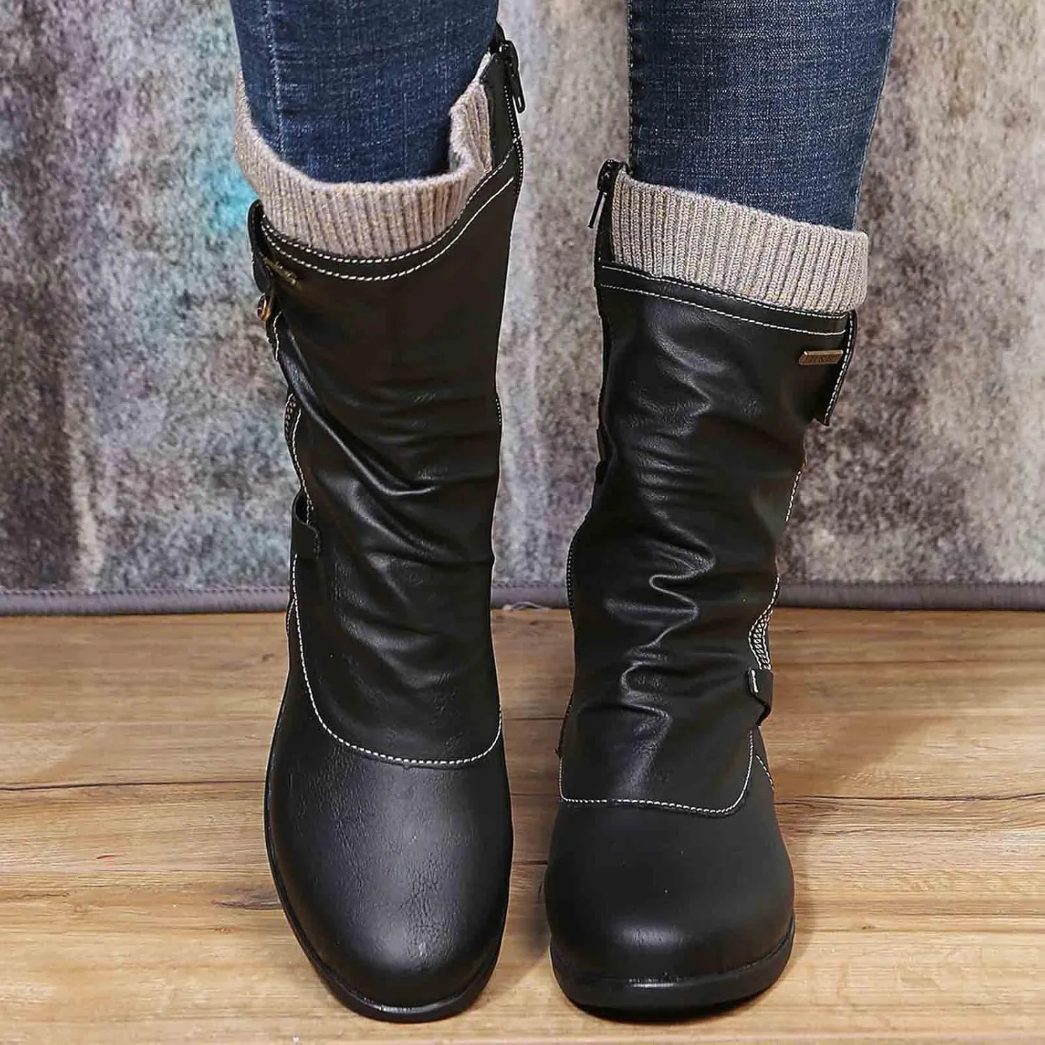 Combat Boots Womens Retro Knit Elastic Ankle Western Cowboy Boots Zipper Chunky Heel Strappy Mid-Calf Boots