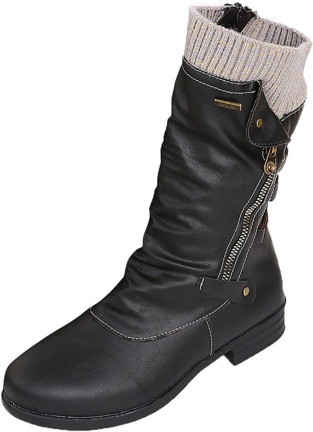 Combat Boots Womens Retro Knit Elastic Ankle Western Cowboy Boots Zipper Chunky Heel Strappy Mid-Calf Boots