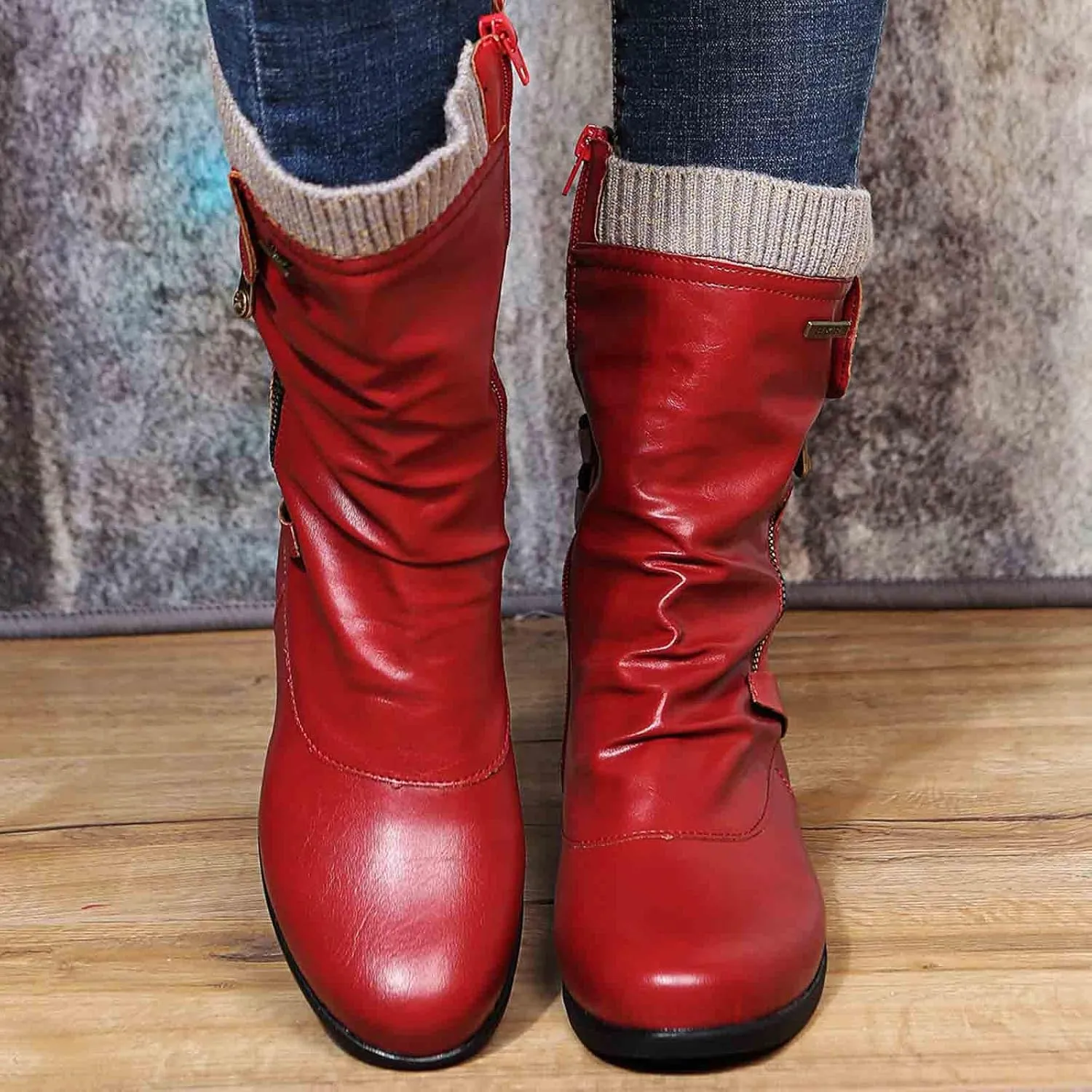 Combat Boots Womens Retro Knit Elastic Ankle Western Cowboy Boots Zipper Chunky Heel Strappy Mid-Calf Boots