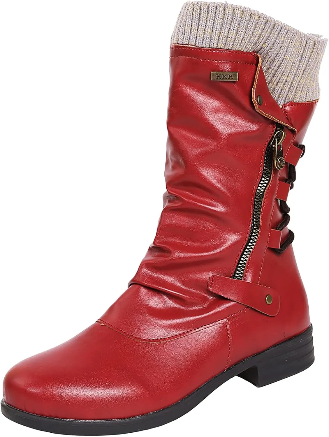 Combat Boots Womens Retro Knit Elastic Ankle Western Cowboy Boots Zipper Chunky Heel Strappy Mid-Calf Boots
