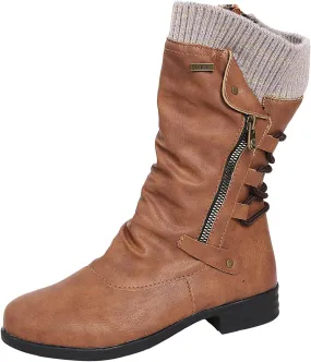 Combat Boots Womens Retro Knit Elastic Ankle Western Cowboy Boots Zipper Chunky Heel Strappy Mid-Calf Boots