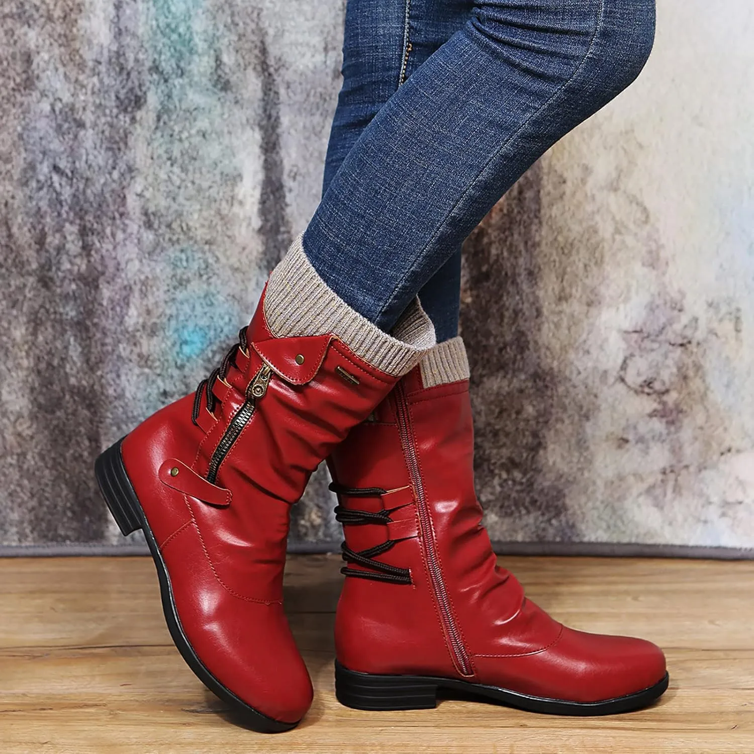 Combat Boots Womens Retro Knit Elastic Ankle Western Cowboy Boots Zipper Chunky Heel Strappy Mid-Calf Boots