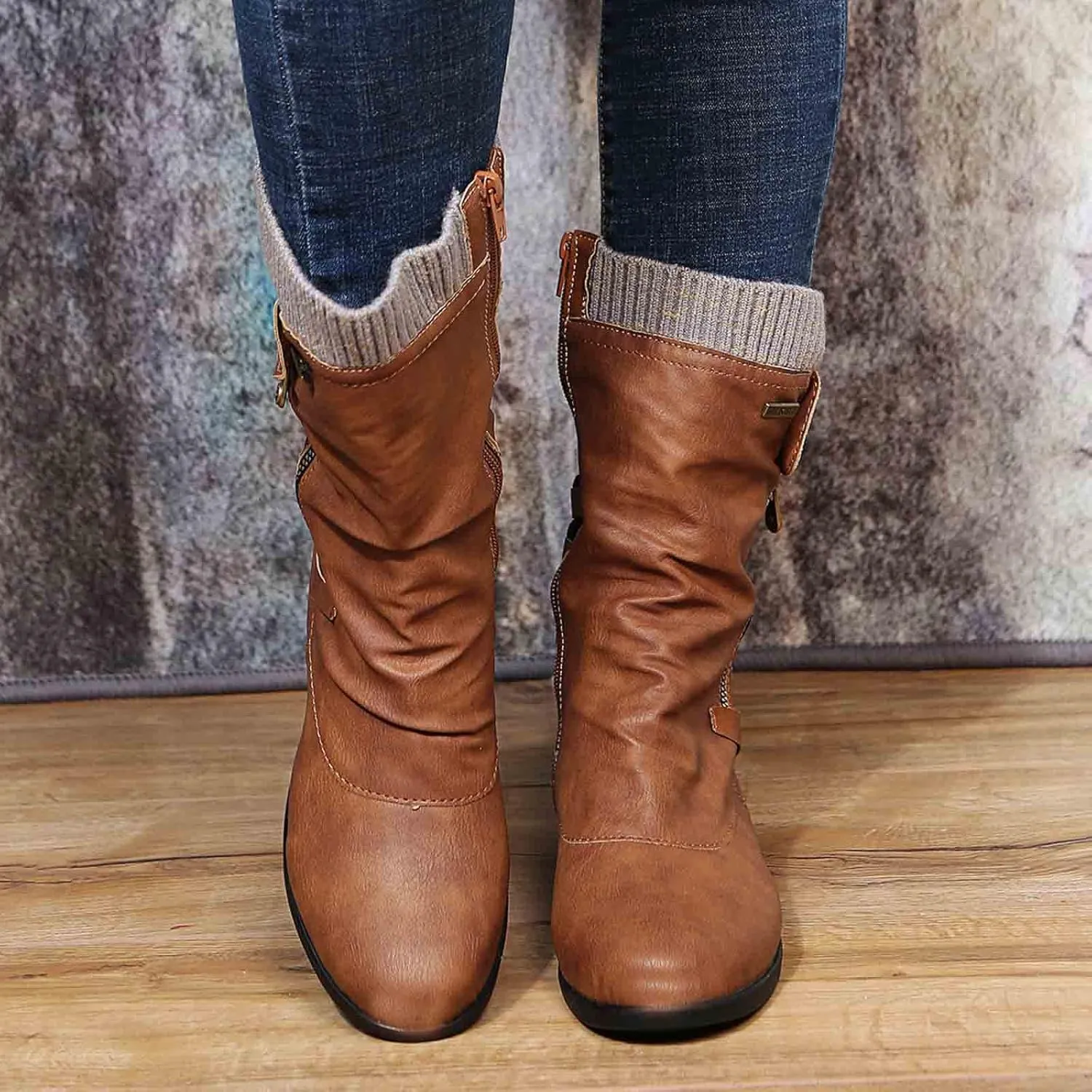 Combat Boots Womens Retro Knit Elastic Ankle Western Cowboy Boots Zipper Chunky Heel Strappy Mid-Calf Boots