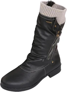 Combat Boots Womens Retro Knit Elastic Ankle Western Cowboy Boots Zipper Chunky Heel Strappy Mid-Calf Boots