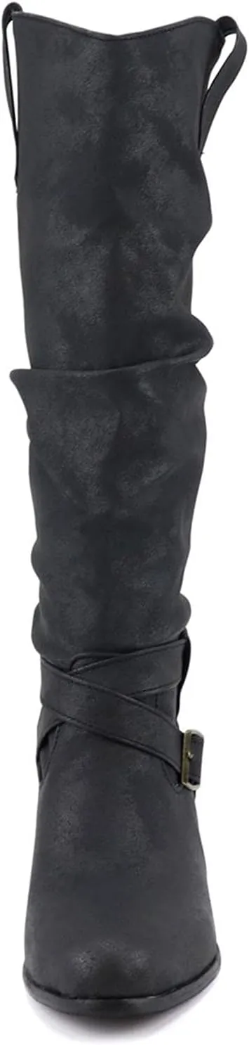 Combat Boots Womens Retro Low Chunky Heels Pleated Thigh High Boots Pull On Knee High Boots Long Bootie