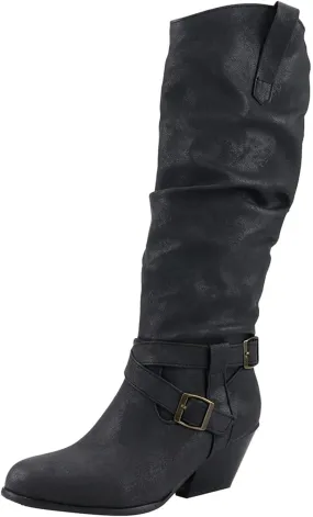 Combat Boots Womens Retro Low Chunky Heels Pleated Thigh High Boots Pull On Knee High Boots Long Bootie