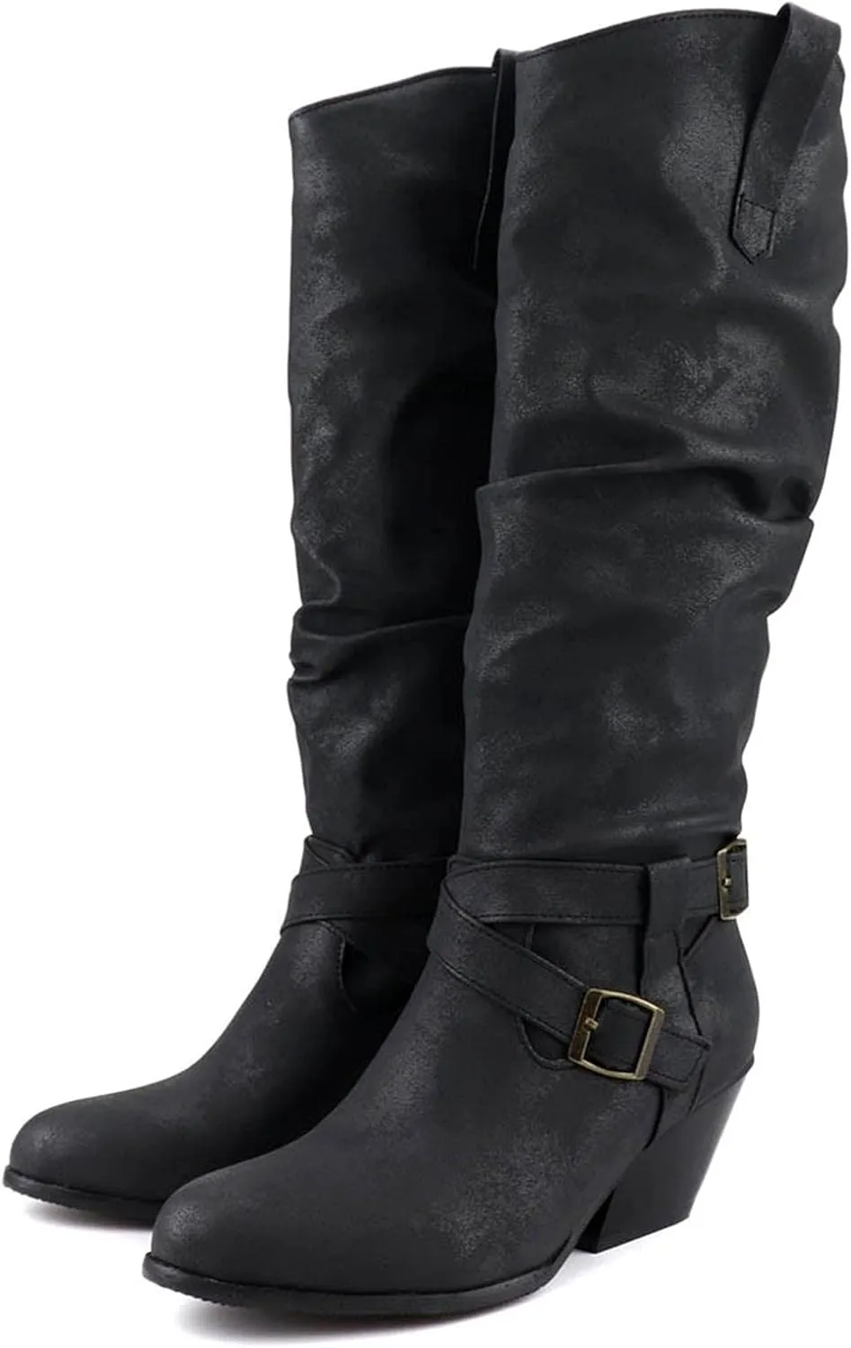 Combat Boots Womens Retro Low Chunky Heels Pleated Thigh High Boots Pull On Knee High Boots Long Bootie