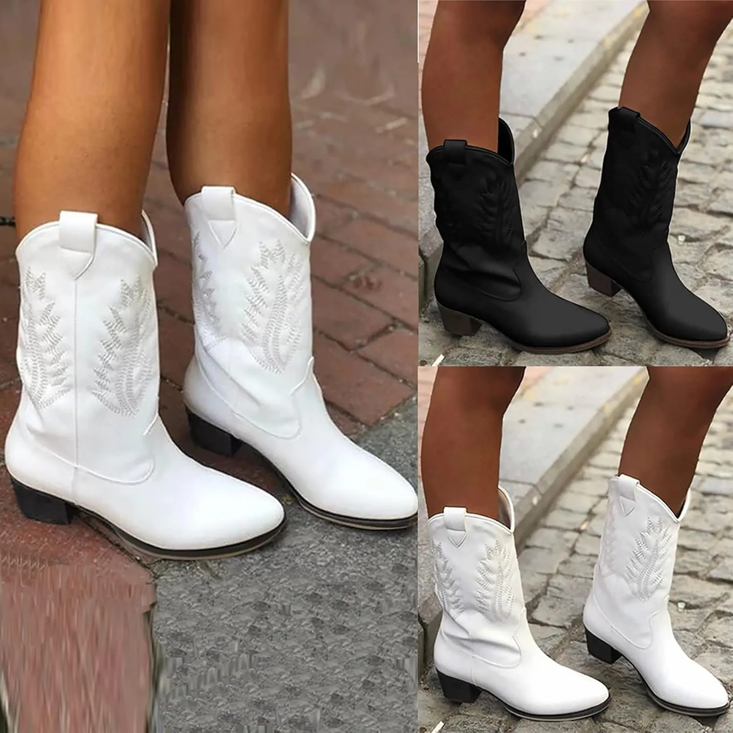 Combat Boots Womens Retro Pointed Cowboys Boots Pull On Chunky Heel Western Mid-Calf Ankle Short Booties