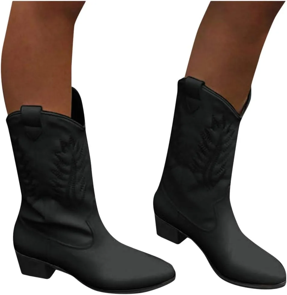 Combat Boots Womens Retro Pointed Cowboys Boots Pull On Chunky Heel Western Mid-Calf Ankle Short Booties