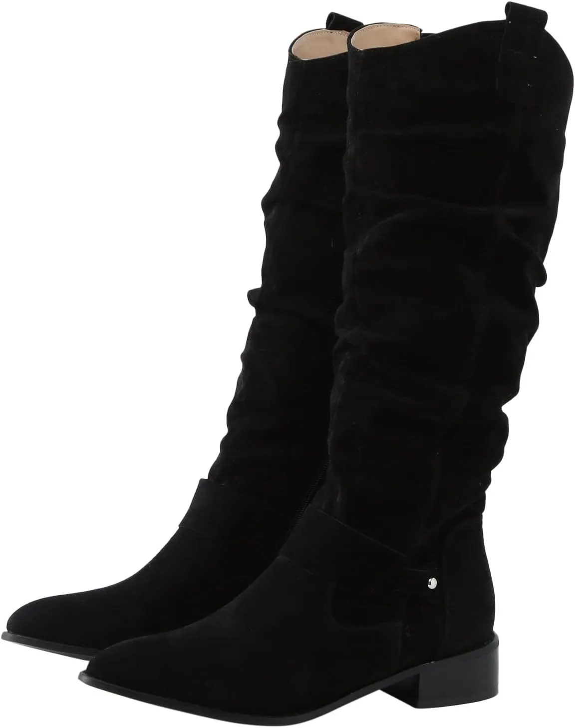 Combat Boots Womens Retro Solid Color Thigh High Boots Pleated Suede Chunky Heeled Knee High Cowgirl Boots
