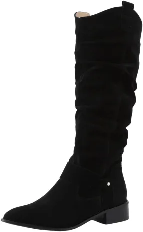 Combat Boots Womens Retro Solid Color Thigh High Boots Pleated Suede Chunky Heeled Knee High Cowgirl Boots