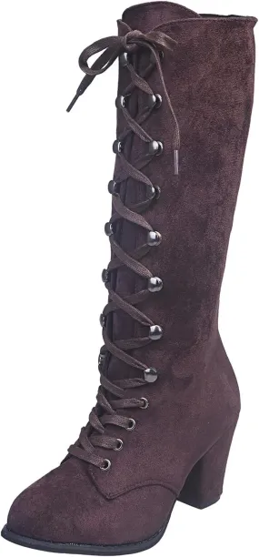 Combat Boots Womens Retro Vintage Lace-Up Thigh High Boots Suede Low Chunky Heels Knee High Long Boots