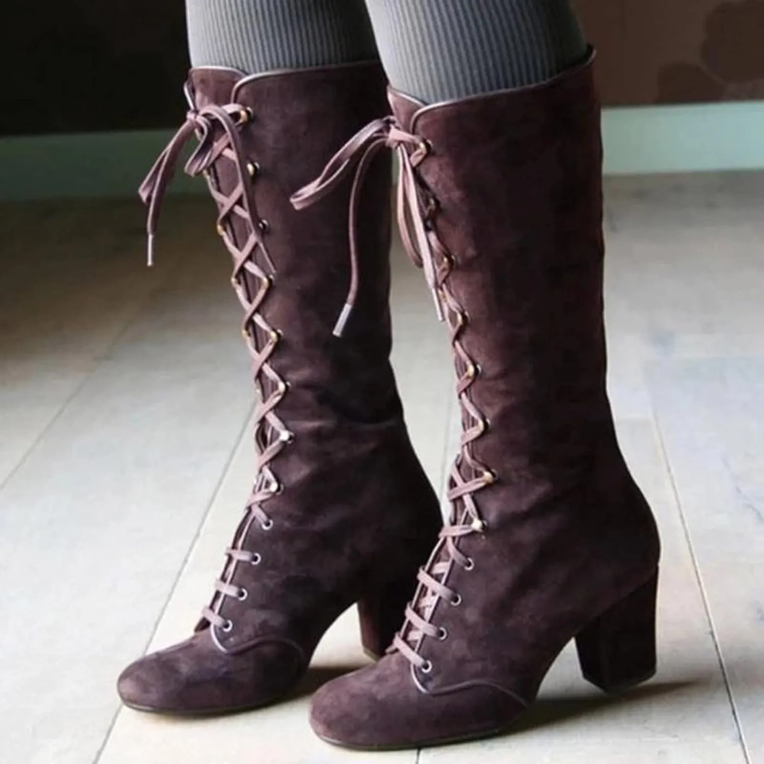 Combat Boots Womens Retro Vintage Lace-Up Thigh High Boots Suede Low Chunky Heels Knee High Long Boots