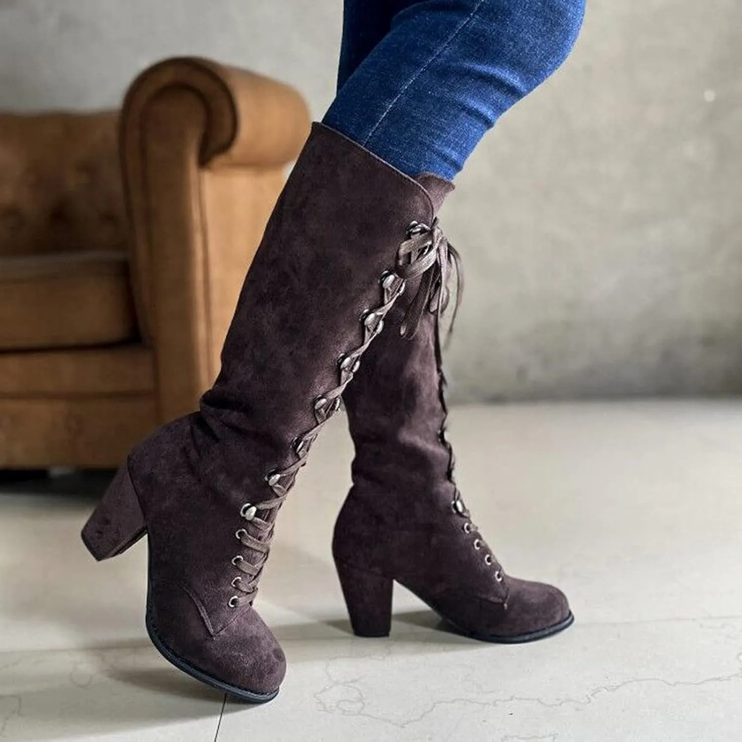 Combat Boots Womens Retro Vintage Lace-Up Thigh High Boots Suede Low Chunky Heels Knee High Long Boots