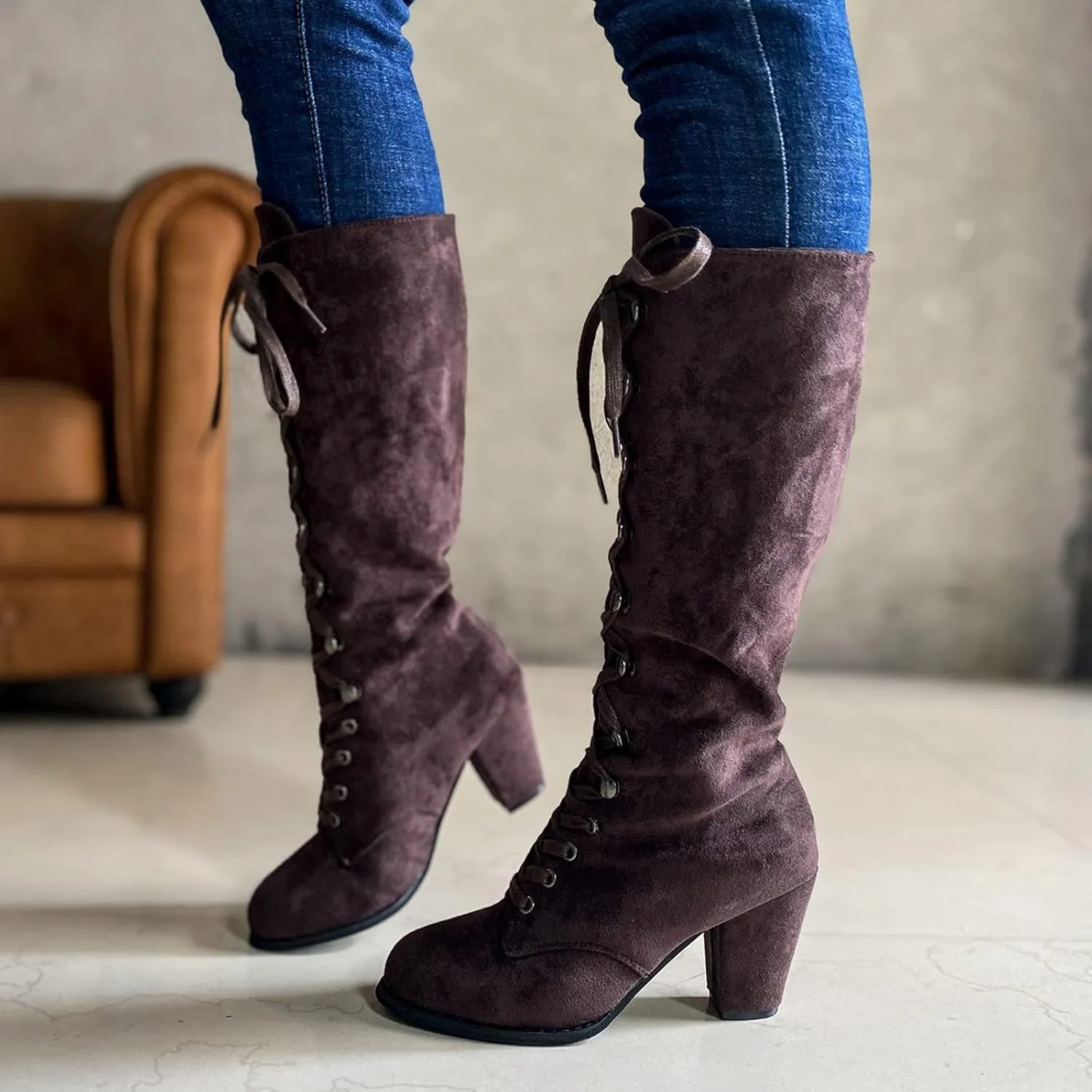 Combat Boots Womens Retro Vintage Lace-Up Thigh High Boots Suede Low Chunky Heels Knee High Long Boots